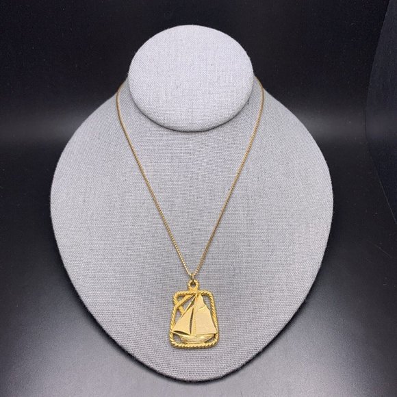 Sailboat Pendant Necklace Etched Matte Gold Tone Over Pewter Classic Vintage - Picture 1 of 10